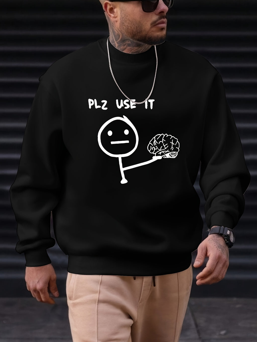 PLZ USE IT Printed Men's Pullover Sweatshirt, Casual Streetwear Fashion Long Sleeve Crew Neck Sweater, Basic Top for Sports and Daily Wear - Black