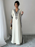 Elegant Middle Eastern Style V-Neck Batwing Sleeve Turkish Robe Dress - Long Loose Side Slit Design, Machine Washable for Spring Summer Fall Casual And Formal Wear, Tassel Fabric Soft And Breathable, Bohemian Vacation Style - Milky