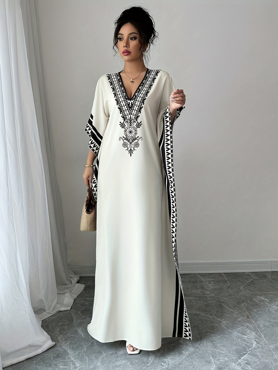 Elegant Middle Eastern Style V-Neck Batwing Sleeve Turkish Robe Dress - Long Loose Side Slit Design, Machine Washable for Spring Summer Fall Casual And Formal Wear, Tassel Fabric Soft And Breathable, Bohemian Vacation Style - Milky