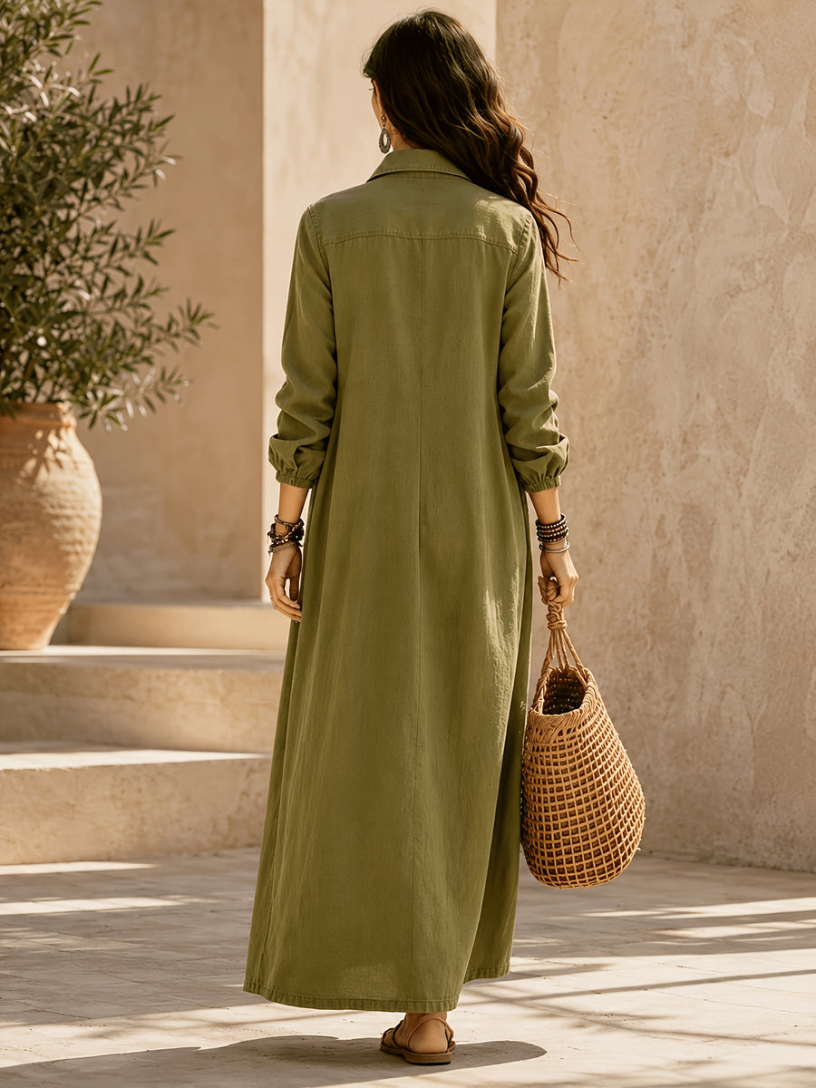 Notched Lapel Full-front Button- Lantern-sleeve Dress with Waist Gathers, Loose Fit, Full Flared Skirt, Side Pockets, Front Slit, and a Shirting-style Overlay. Features Adjustable Elasticized Notched Lapel, Long Gathered Sleeves, a Long Length - Olive Green
