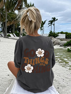 2026 Fashion New Women'S Round Neck English Letter Floral Print Fashion Short Sleeve Summer Casual T-Shirt - Dark Gray
