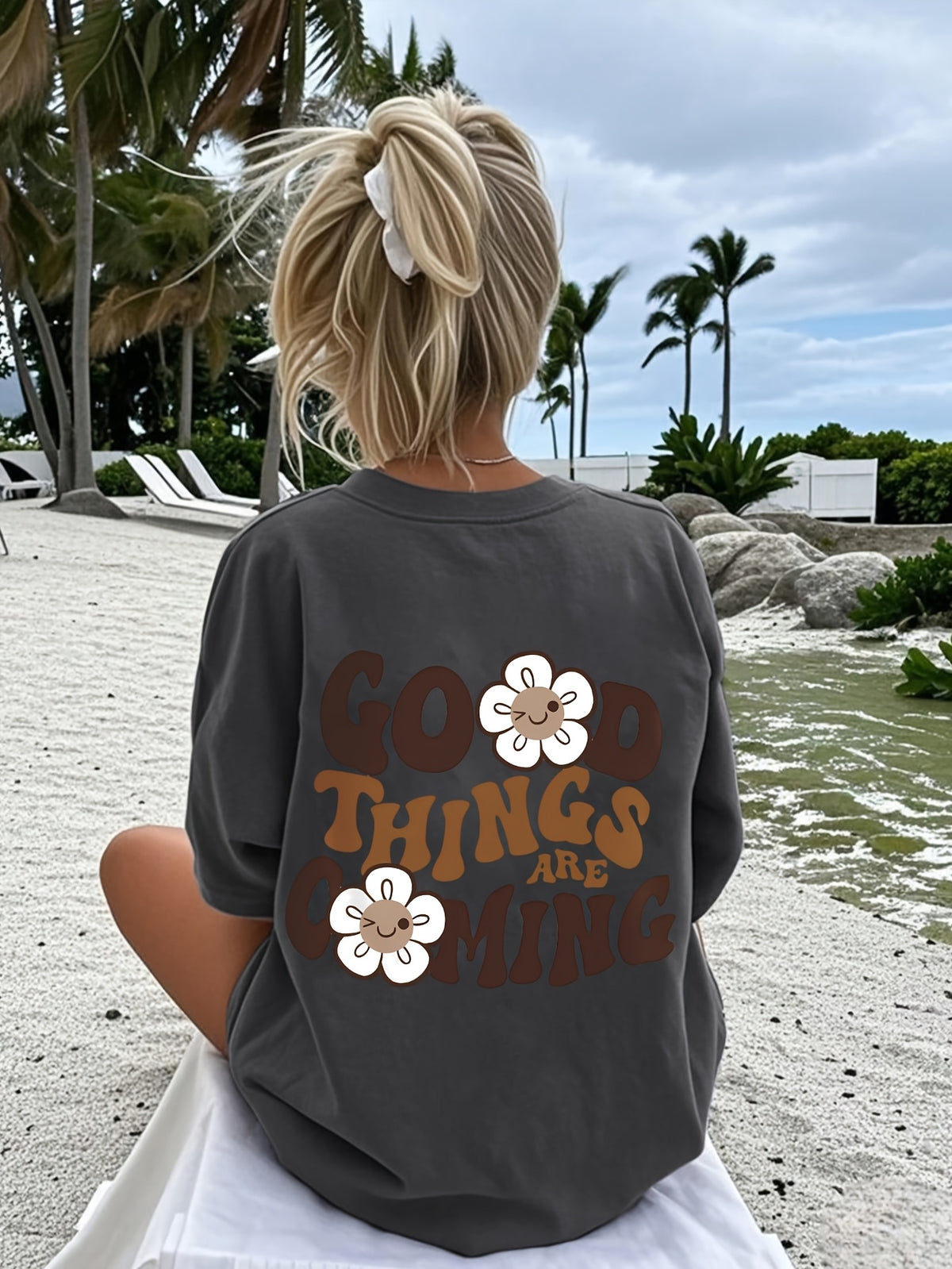 2026 Fashion New Women'S Round Neck English Letter Floral Print Fashion Short Sleeve Summer Casual T-Shirt - Dark Gray