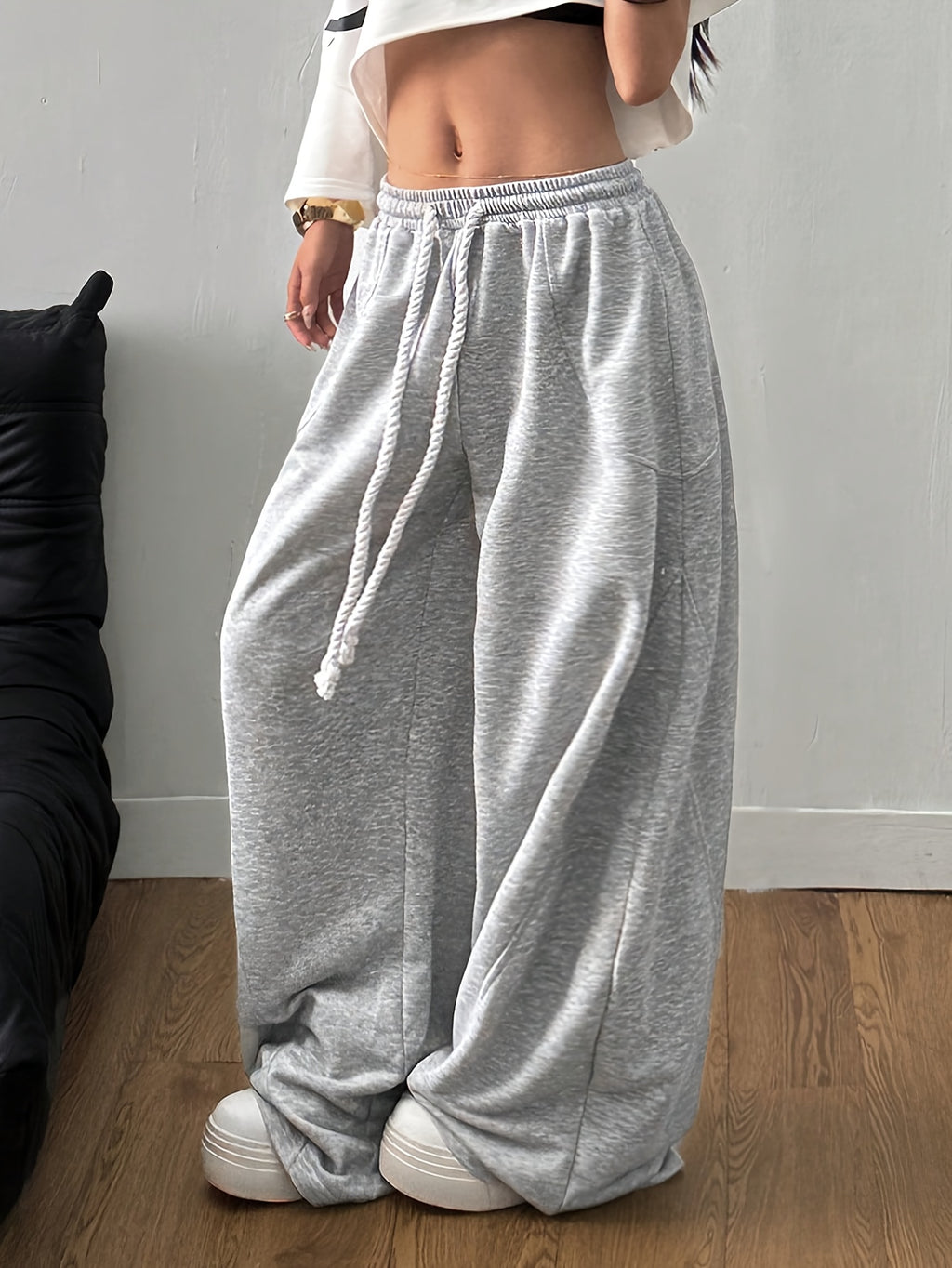 Women's Fashion Y2K Long Pants with Elastic Waist and Drawstring, Loose-Fit Design, Casual and Versatile Wide-Leg Y Pants YTD - Grey