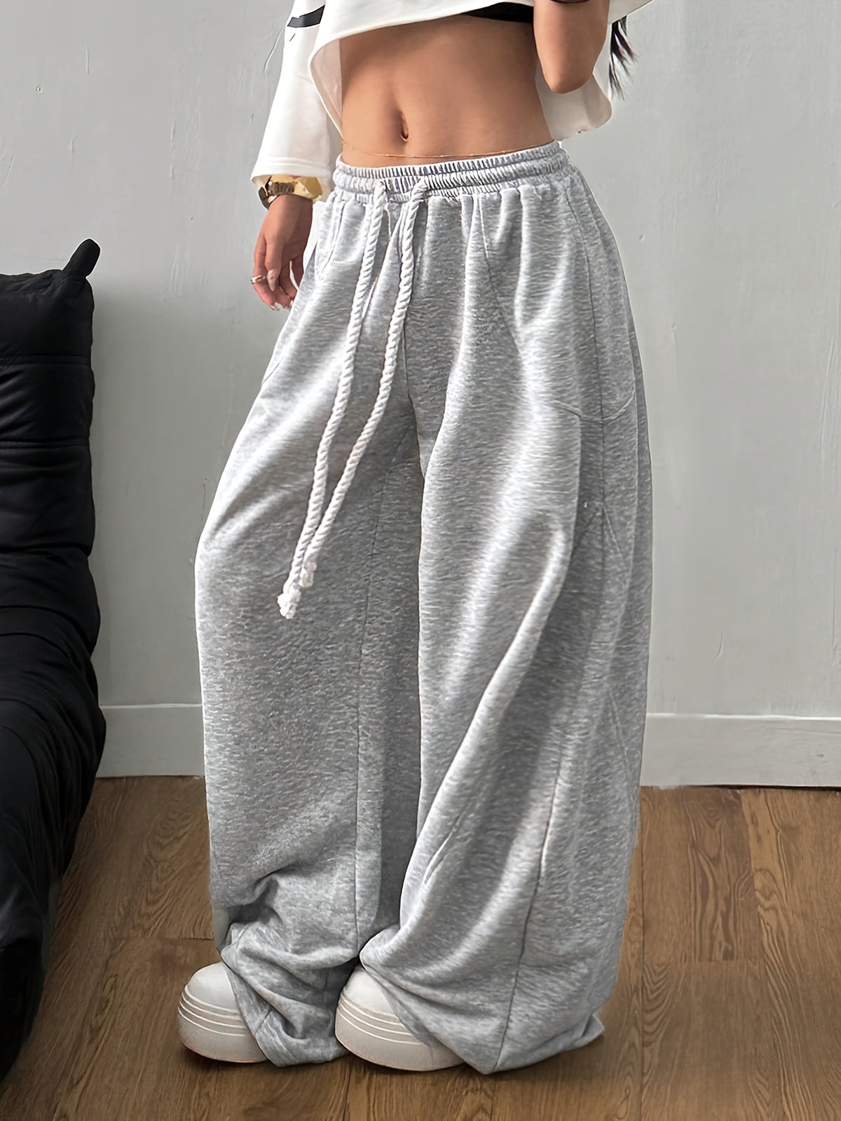 Women's Fashion Y2K Long Pants with Elastic Waist and Drawstring, Loose-Fit Design, Casual and Versatile Wide-Leg Y Pants YTD - Grey