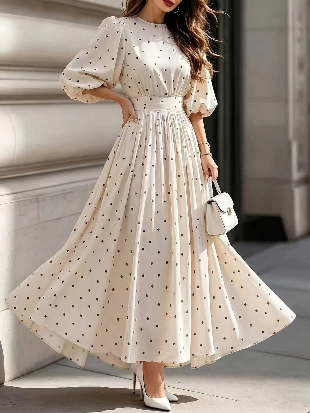 YYTT Women's Elegant Casual Polka Dot Bubble Sleeve Long Dress, Drawstring Waist, Back Slit Button Style, Gentle Style Commuting and Vacation Dress - Apricot