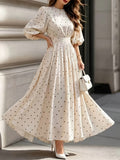 YYTT Women's Elegant Casual Polka Dot Bubble Sleeve Long Dress, Drawstring Waist, Back Slit Button Style, Gentle Style Commuting and Vacation Dress - Apricot