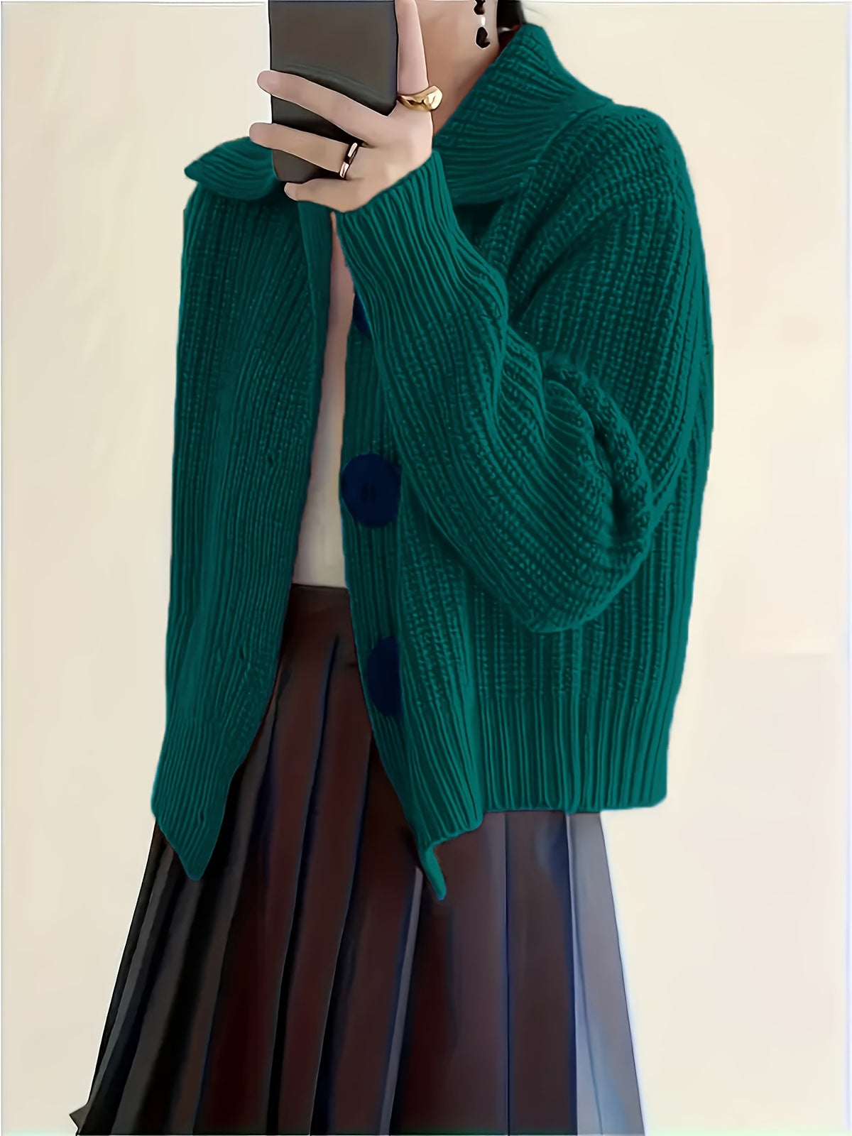 Solid Color Button-Front Cardigan, Korean Style Short Outerwear, Elegant for Vacation, Daily Commute - Malachite Green