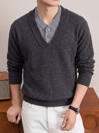 Autumn/Winter Thickened V-Neck Sweater, Men's Warm Casual Knit Top, Suitable for Daily Commuting and Business - Grey