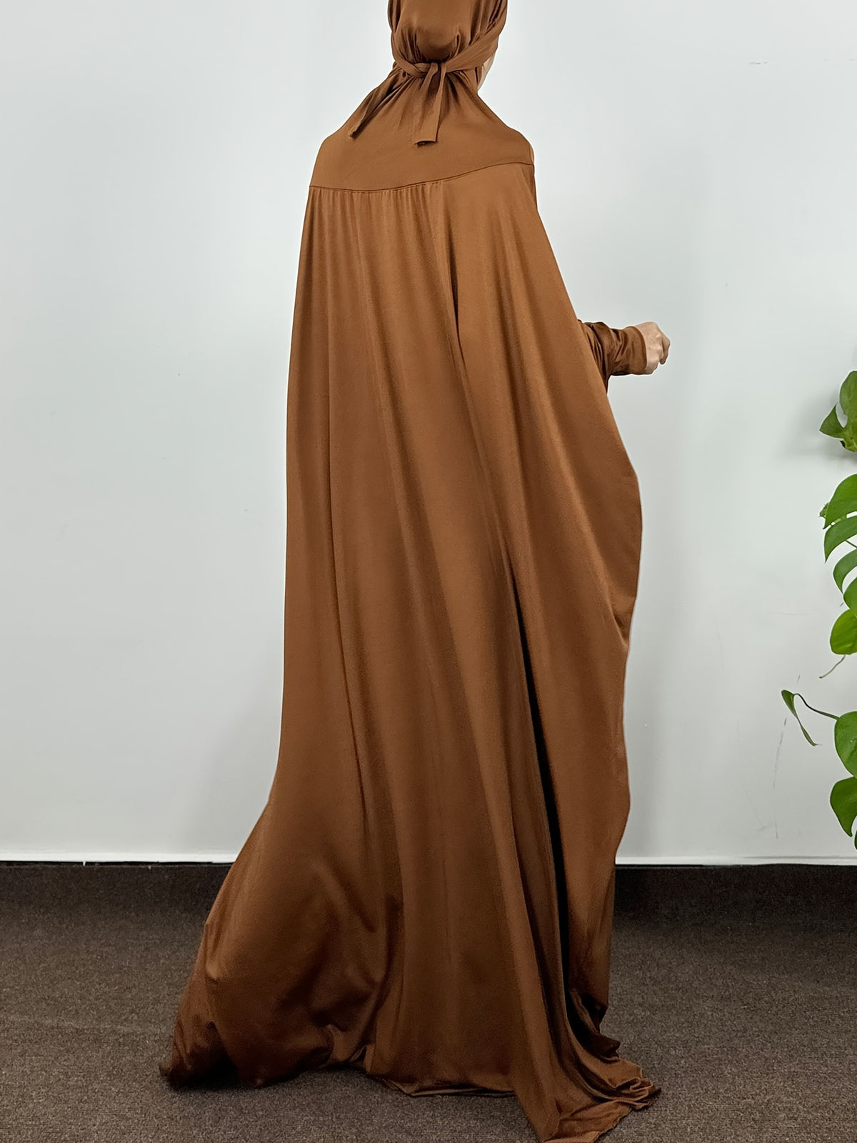Muslim Smocking Sleeve One-Piece Prayer Robe Hooded Islamic Dubai Saudi Robes Turkish Modesty - Coffee Color