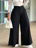 HMY High-Waisted Wide-Leg Pants for Women, Draped Suit Pants, Loose Fit Straight-Leg Floor-Length Casual Trousers + Tulan - Black