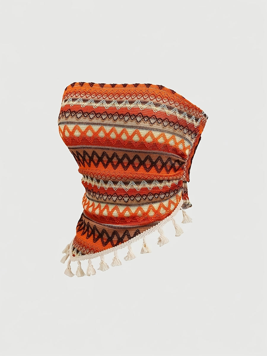 Women'S Bohemian Style Orange Wavy Ruffled Hem Bandeau Top - Polychrome