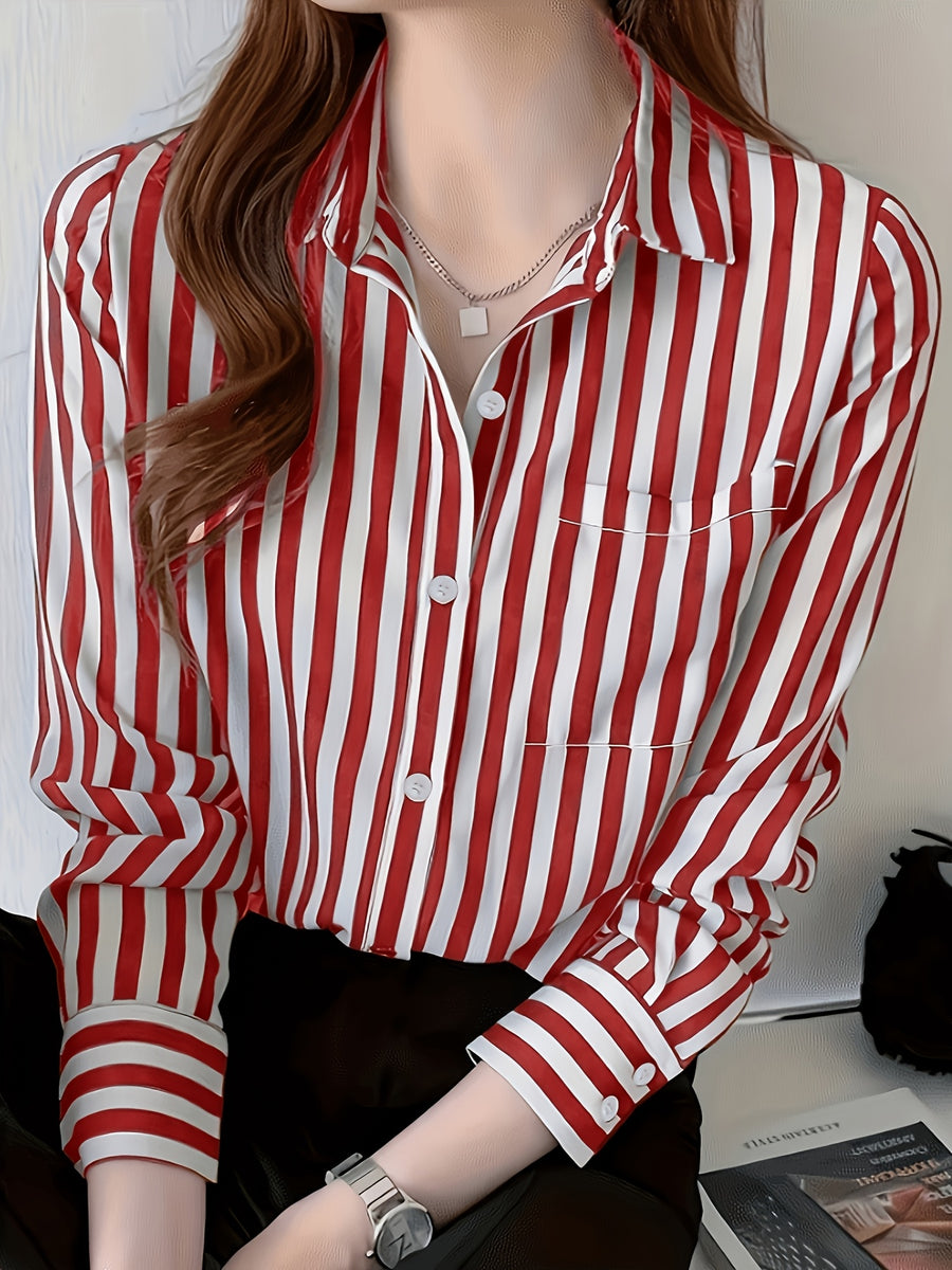 Women's Striped Button-front Shirt, Casual Long-sleeve Lapel Shirt - Red