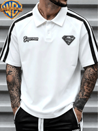 Warner Bros Official American Street Sketch Hand-Drawn Style Superman Shield S-Logo Print, Men's Fashion Casual Short-Sleeve Polo Shirt, Side Contrast Color Stripe Design, Men's Breathable Short-Sleeve Lapel Top, Suitable for Business - White