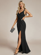 Women's Elegant V-Neck Strap Sequin Patchwork Twist Pleated Split Dress for Banquet Party Wedding Bridesmaid Dress - Black