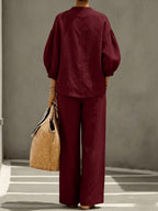260601143 Women's Fashionable Autumn Elegant Commuter Half-Open Placket Button Lantern Sleeve Stand Collar Shirt with Casual Wide-Leg Long Pants 2pcs Set - Deep Red