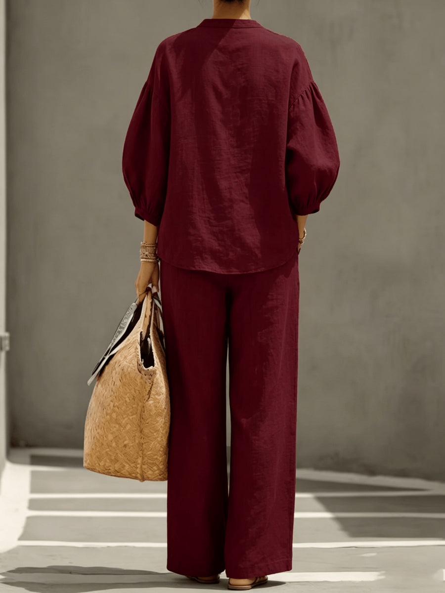 260601143 Women's Fashionable Autumn Elegant Commuter Half-Open Placket Button Lantern Sleeve Stand Collar Shirt with Casual Wide-Leg Long Pants 2pcs Set - Deep Red