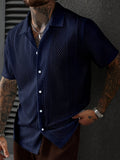 Men'S Solid Color Knitted Short Sleeve Shirt - Blue