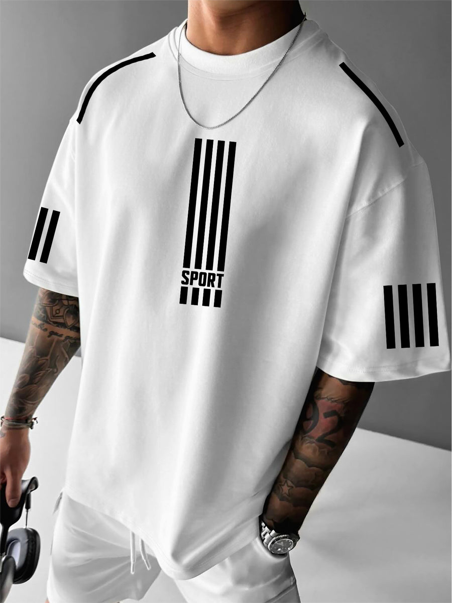 Men'S Sport Print T-Shirt, Casual Street Style, Fashionable And Versatile, Summer Short-Sleeve Round Neck Top, Suitable for Sports Enthusiasts And Urban Symbol Lovers - White