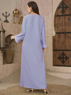 Najma Ladies' Loose Embroidered & Studded Long Robe for Festivals, Modest KaftanLadies' Loose Embroidered & Studded Long Robe for Festivals, Modest Kaftan - Light Purple