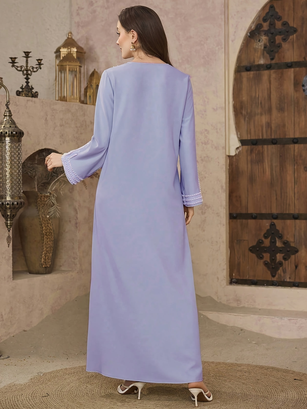 Najma Ladies' Loose Embroidered & Studded Long Robe for Festivals, Modest KaftanLadies' Loose Embroidered & Studded Long Robe for Festivals, Modest Kaftan - Light Purple