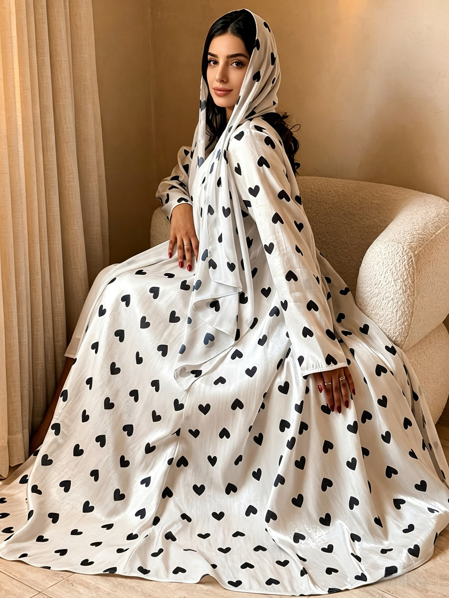 1 Set Heart Print Satin Abaya Set With, Elegant Flare Maxi Open Abaya for Women - White