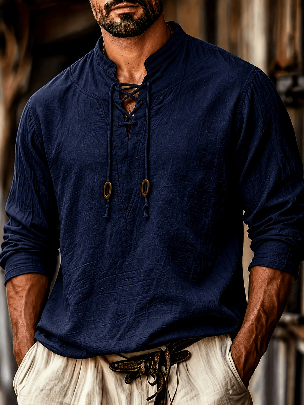 Men'S Vintage-Style Long-Sleeve Shirt with Tie Details - Medieval Style, Breathable And Machine Washable, Suitable for Spring And Summer Outdoor Activities. Men'S Vintage Tie-Front Shirt, Suitable for Renaissance, Viking, And Medieval Costumes - Navy Color