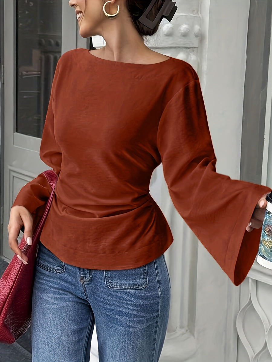 Women'S Solid Back Tie Flared Sleeve Blouse - Brown