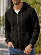 Men'S Casual Zip-Up Hoodie Daily Travel Streetwear Regular Fit Black Corn Corduroy Hooded Sweatshirt with Drawstring Hood Ribbed Cuffs - Black