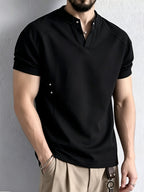 Men's Casual T-Shirt with American Deconstructed Design, Rivet Detailing, V-Neck, Short Sleeves, Simple Summer Style, Versatile Top, In Stock - Black