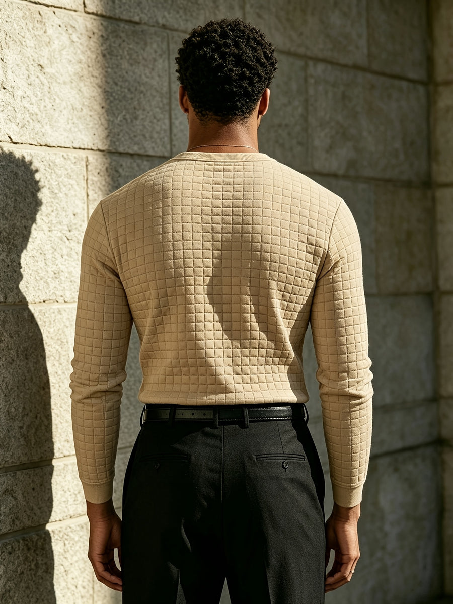 [Josh Mei OBM] Fall/Winter New Men'S Plaid Jacquard Knit Henley Pullover Shirt, Half-Button Placket Geometric Texture Long Sleeve Top, Soft Stretch Fabric, Slim Fit Versatile Casual Fashion Modern Street Style, Suitable for Commuting, Dates - Khaki