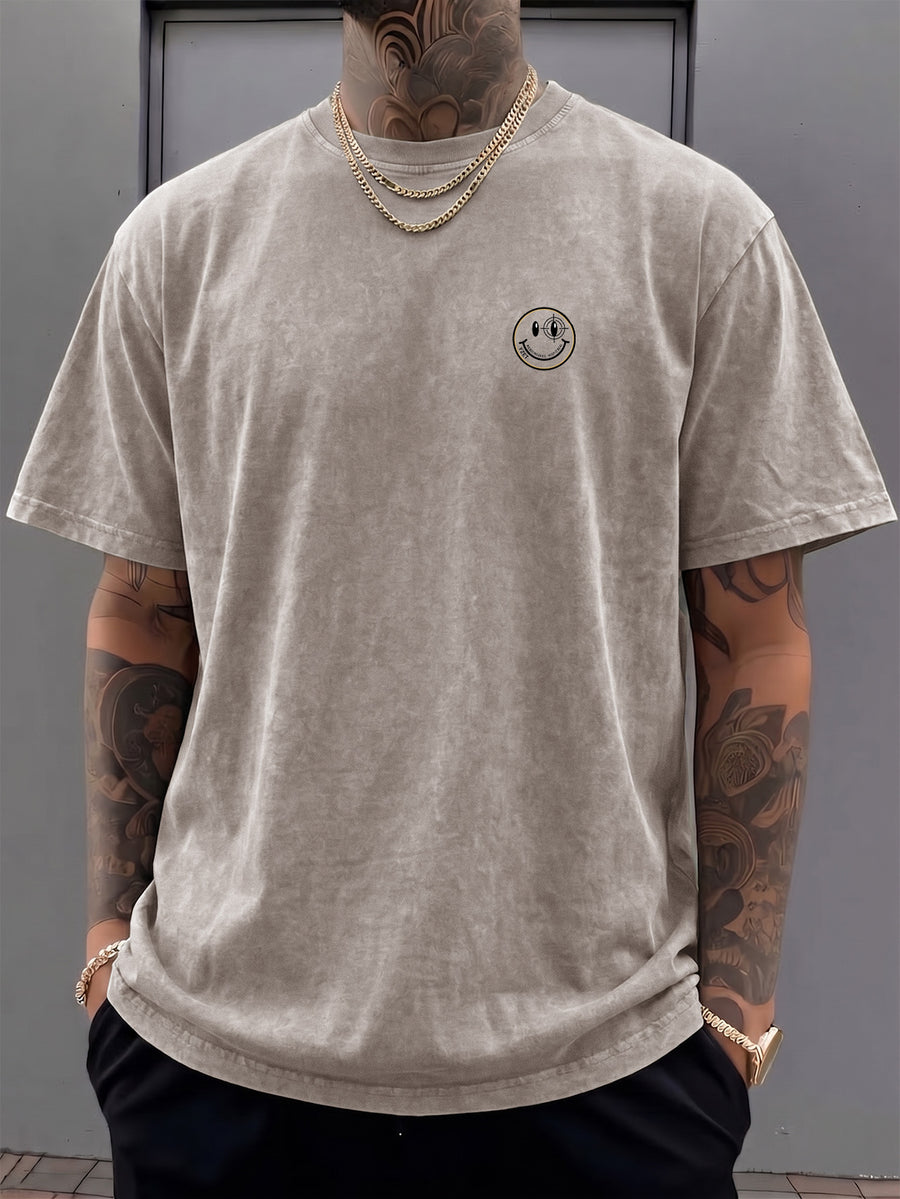 Short-sleeve T-shirt, Half-sleeve Top with a Small Joyful Face and Simple Circular Logo Print on the Chest, Trendy Print Available in 12 Colors for Mix-and-match. Made of Pure Cotton with a Washed and Distressed Effect, Featuring a Loose Fit. - Apricot