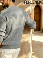 FORLENGKE Men's Waffle Knit Crewneck Sweater, New Autumn and Winter Solid Color Textured Knit Pullover with 3D Patterns, Casual and Commuter-Friendly, Simple and Versatile, Available in Multiple Colors, Suitable for Wearing Alone or Layering - Grey