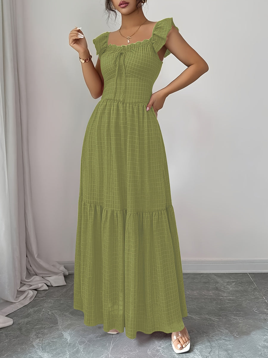 Vintage Red Polka Dot Square Neckline Ruffle Hem Dress with Backless Bow Waist Tie and Flared Skirt, Vacation Style Women's Dress - Light Green