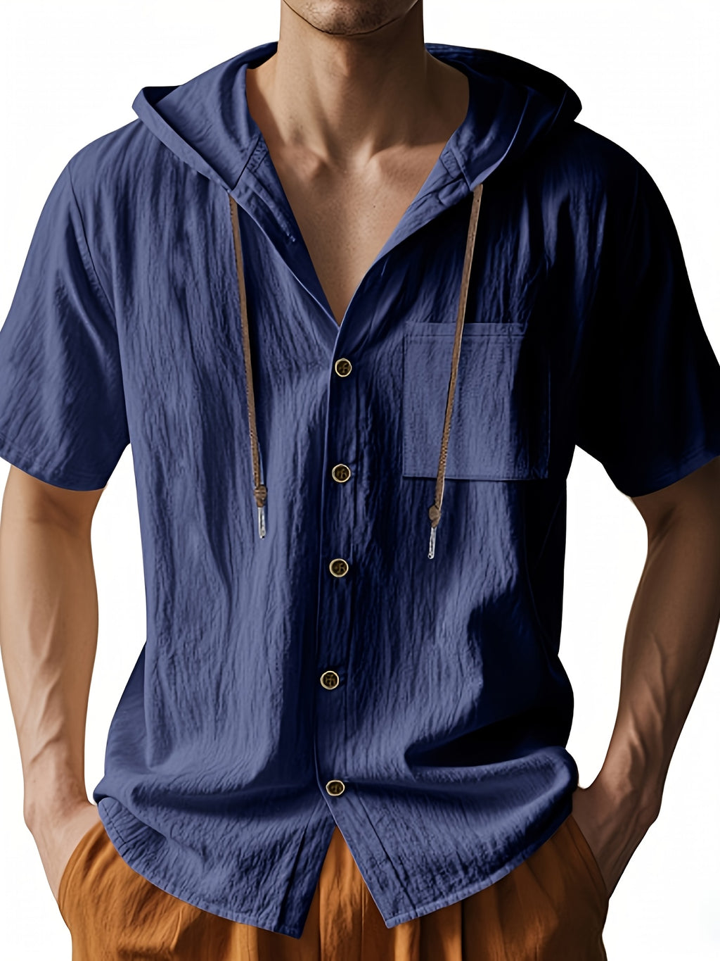 Men's Short Sleeve Hooded Shirt, Casual Button Hoodie Top with Chest Pocket, Lightweight Breathable Summer Shirt for Beach Vacation, Travel, Resort Wear, Outdoor Leisure, Streetwear Style and Daily Casual Outfit - Navy Color