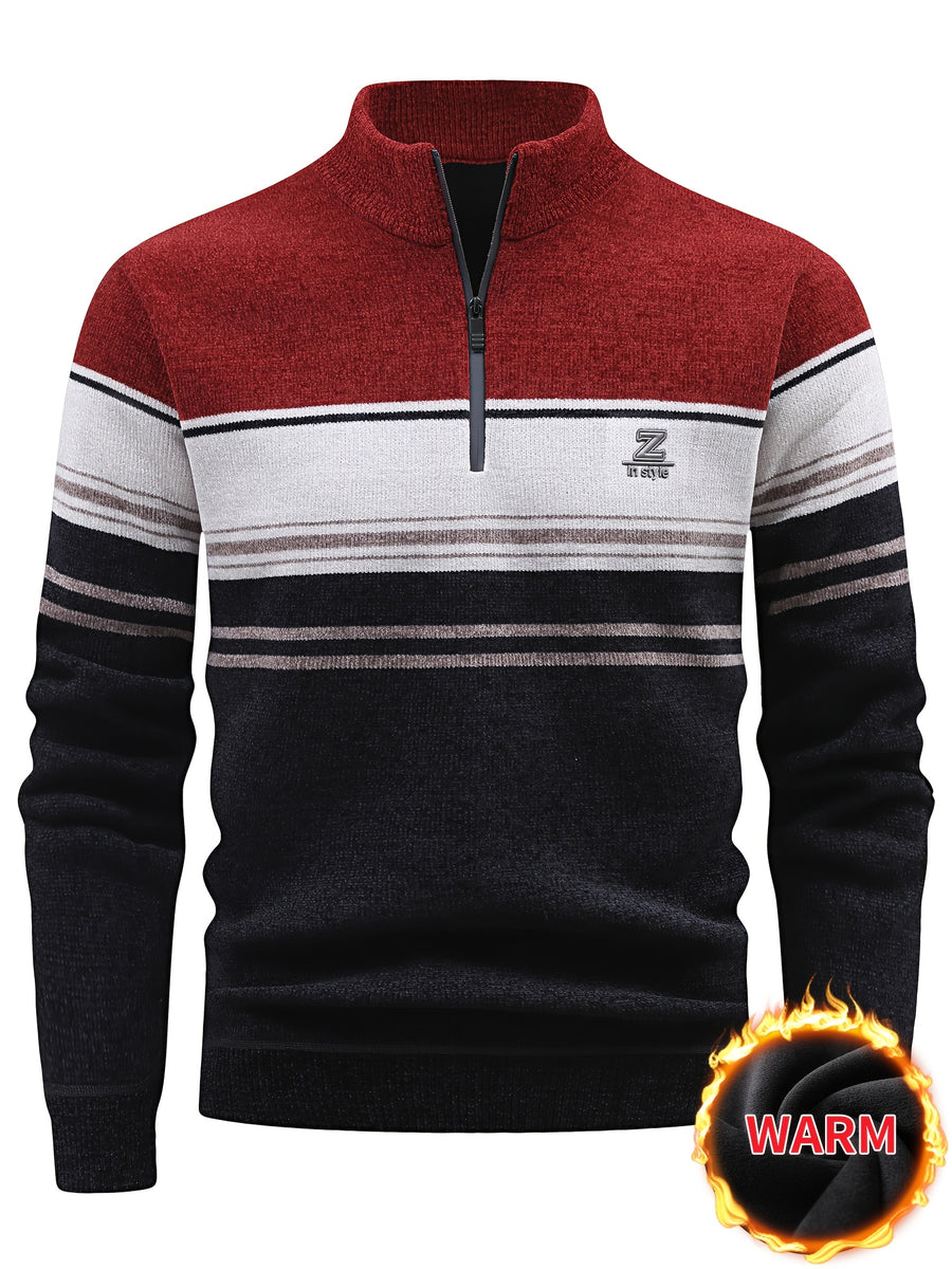 Autumn And Winter Men'S Half-Zip Stand-Up Collar Sweater, Fleece-Lined And Thickened, Letter Pattern, Contrasting Color Stripes, Business Casual Knit Pullover Shirt, Men'S Warm Top, Suitable for Daily Commuting And Outdoor Activities - Deep Red
