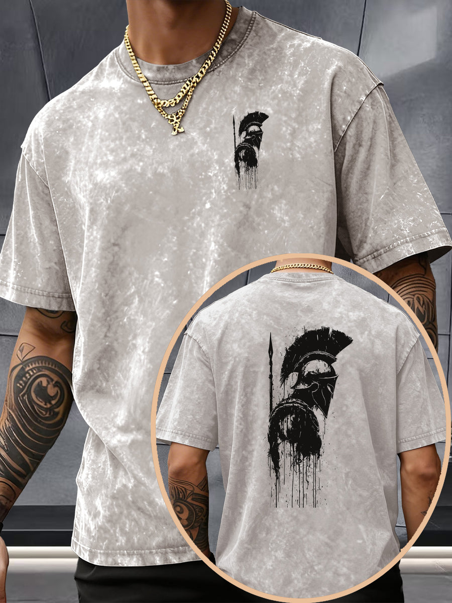 Short Sleeve T-Shirt, 100% Washed Distressed Loose Fit, Front And Back Double Print of Dark Ink Warriors, Casual Street Y2K Hip-Hop Style Couple'S Daily Commute Fitness Outing Statement Top - Apricot