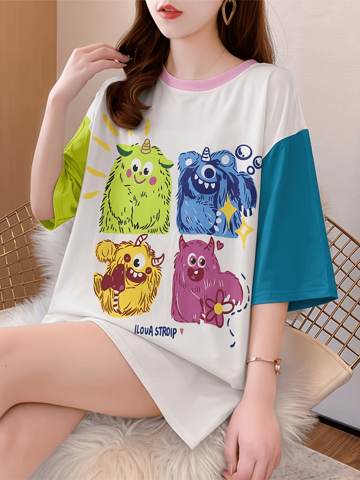 Summer New Large Size Loose Fashion Trend Slim Cartoon Round Neck Print Ladies Women's Medium and Long Short-sleeved T-shirt Clothes - K149-W