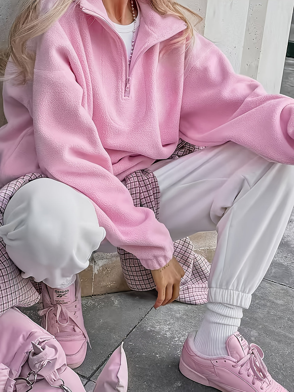 Women's Half-Zip Sweatshirt, Autumn/Winter Warm Stand Collar Top, Ladies' Long Sleeve Elegant Solid Color Lapel Sweatshirt, Comfortable Clothing for Home and Outings, Gavin - Pink Color