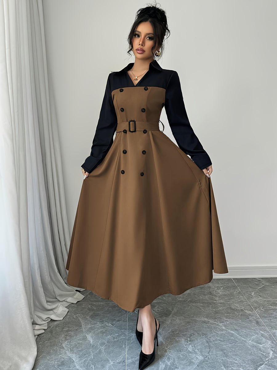 Fashionable Versatile Elegant Commute V-Neck Patchwork Contrast Solid Long Sleeve Waist-Cinching Belt Dress - Dark Brown