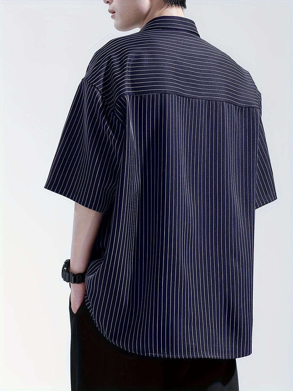 Men's Summer Striped Short-Sleeve Shirt, Loose Fit, Thin Spring/Autumn Casual Premium Shirt, Read-to-Wear Wrinkle-Free 2024 Short Top - Royal Blue