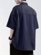 Men's Summer Striped Short-Sleeve Shirt, Loose Fit, Thin Spring/Autumn Casual Premium Shirt, Read-to-Wear Wrinkle-Free 2024 Short Top - Royal Blue
