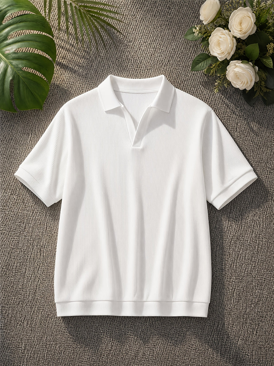 New Fashion Men'S Polo Collar Casual Outing Commute Top Fabric Stretch Ribbed, Spring, Trendy, Outdoor, Breathable - White