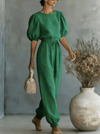 2026 Spring/Summer Women's Bohemian Style Bubble Short Sleeve Tie-Up Cuff Wide-Leg Commuter Jumpsuit for Beach, Workplace, and Weekend Multi-Scene Outfits - Dark Green