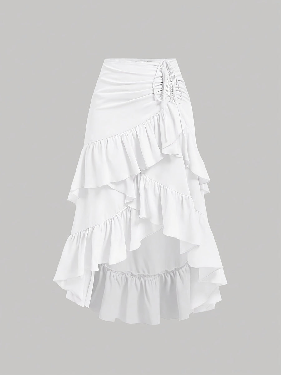 New Fashion Asymmetrical Pleated Hem Design Multi-layered Women's Skirt - White