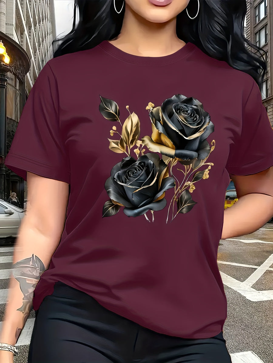 A Stylish And Breathable T-Shirt Featuring a Luxurious Vintage Design with a Black And Golden Rose Pattern, Perfect for Family Trips, Campus Events, Casual, Daily Commutes, Matching Outfits for Sisters, And Versatile Wear - Fuchsia