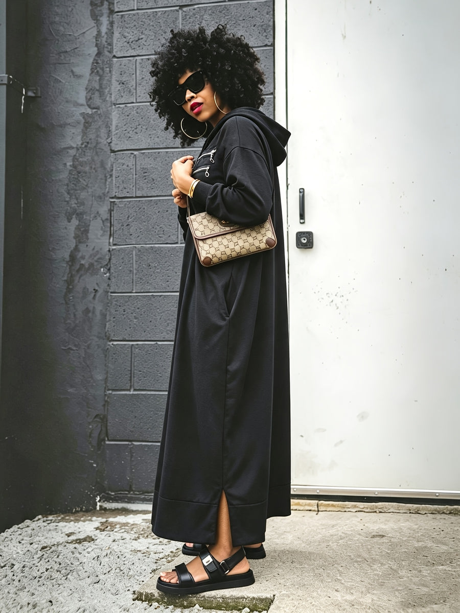 Plus Size Women Long Hooded Dress, Irregular Asymmetric Zipper Split Hem Sweatshirt Dress, Gothic Streetwear Loose Stretch Pocket Long Sleeve Hoodie Dress - Black