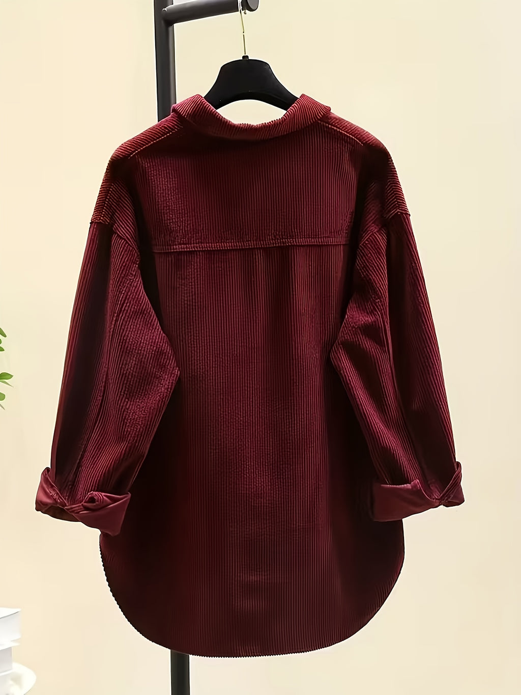 Plus Size, Women's Plus Size Corduroy Button-Front Shirt Jacket - Elegant Loose Fit Blouse, Spring Summer Fall Casual Outerwear, Machine Washable Layering Piece for to Weekend (No Bulk) - Burgundy