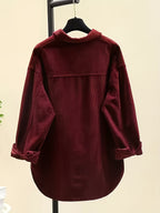 Plus Size, Women's Plus Size Corduroy Button-Front Shirt Jacket - Elegant Loose Fit Blouse, Spring Summer Fall Casual Outerwear, Machine Washable Layering Piece for to Weekend (No Bulk) - Burgundy