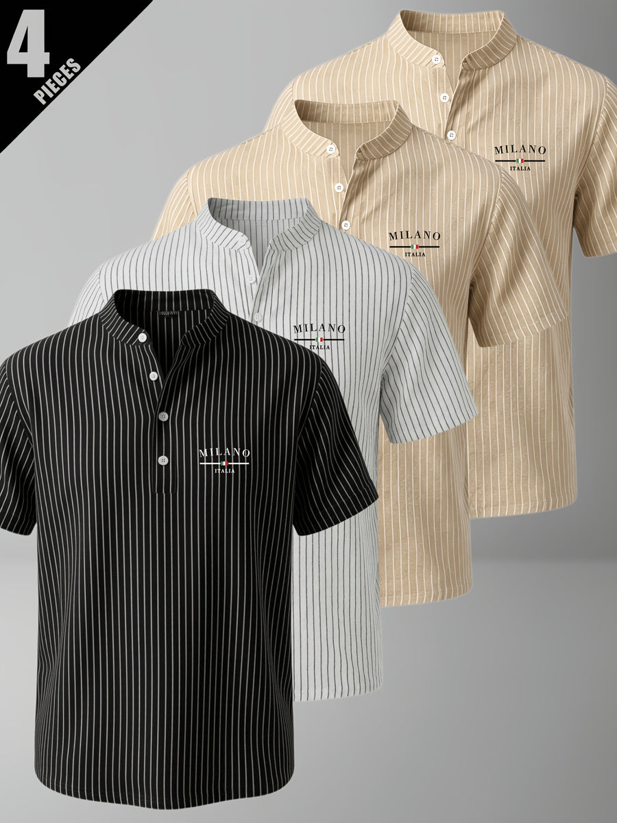 4pcs Men'S Summer Striped Linen Blend Henley Shirts, Milan Print Stand Collar Breathable Short Sleeve, Office Casual Versatile Top - Mixed Color 12