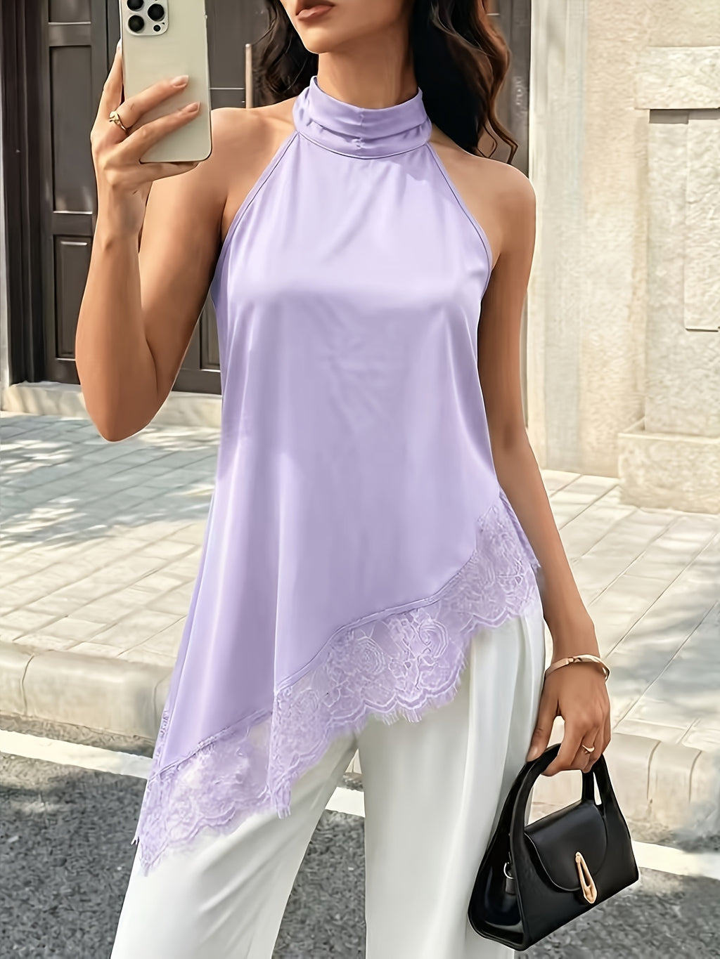 Women's Light Purple Camisole Top in Fabric, with an Asymmetrical Hem, Open Back Design, and Contrasting Lace Details, Regular Length - Light Purple